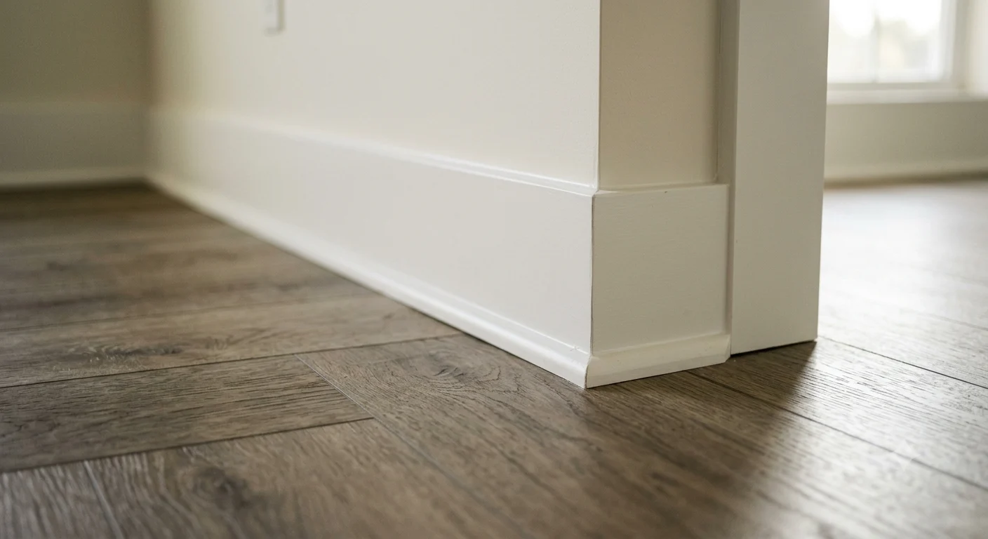 Primed baseboard with matching quarter round shoe molding, mitred at an outside corner against wood-look vinyl plank flooring