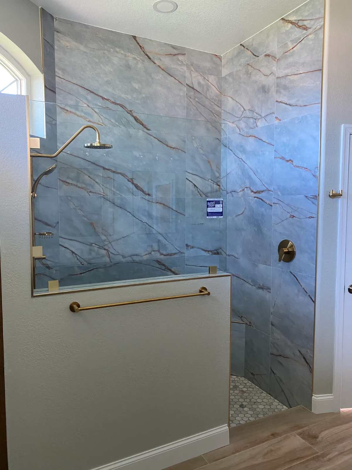 Blue quartzite porcelain slab shower