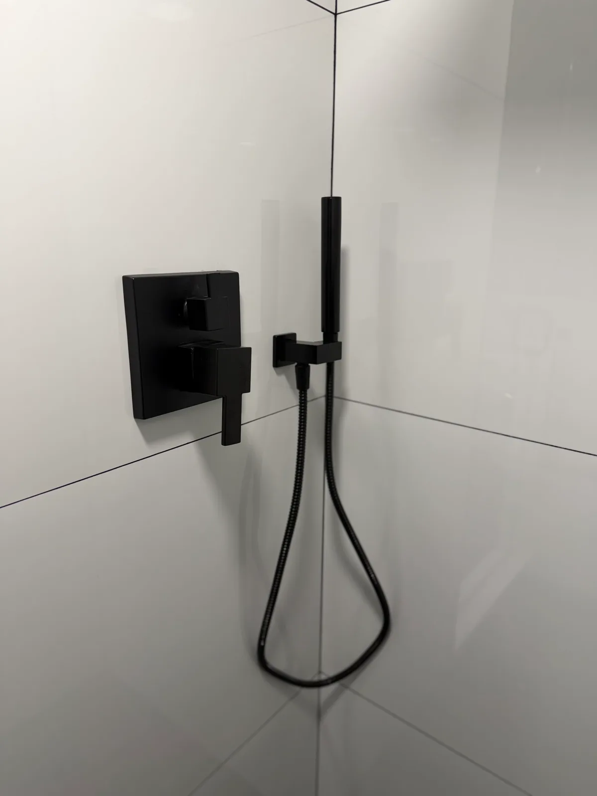 Matte black shower valve and handheld on a slide bar in a Naples walk-in shower