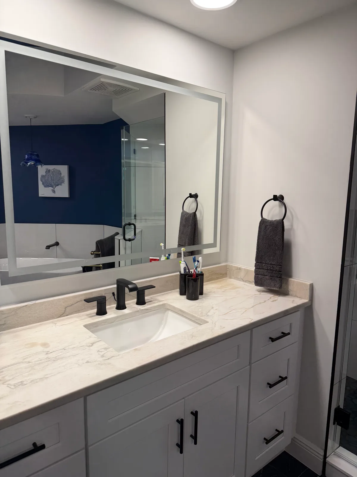 Master bathroom vanity, navy wall and frameless glass shower — Cove Towers, Naples
