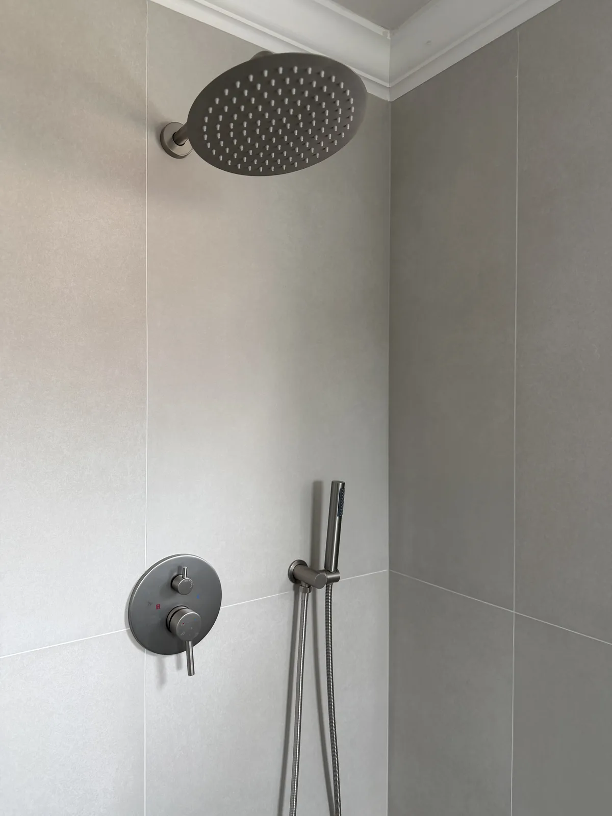 Brushed nickel valve and handheld on greige large-format tile