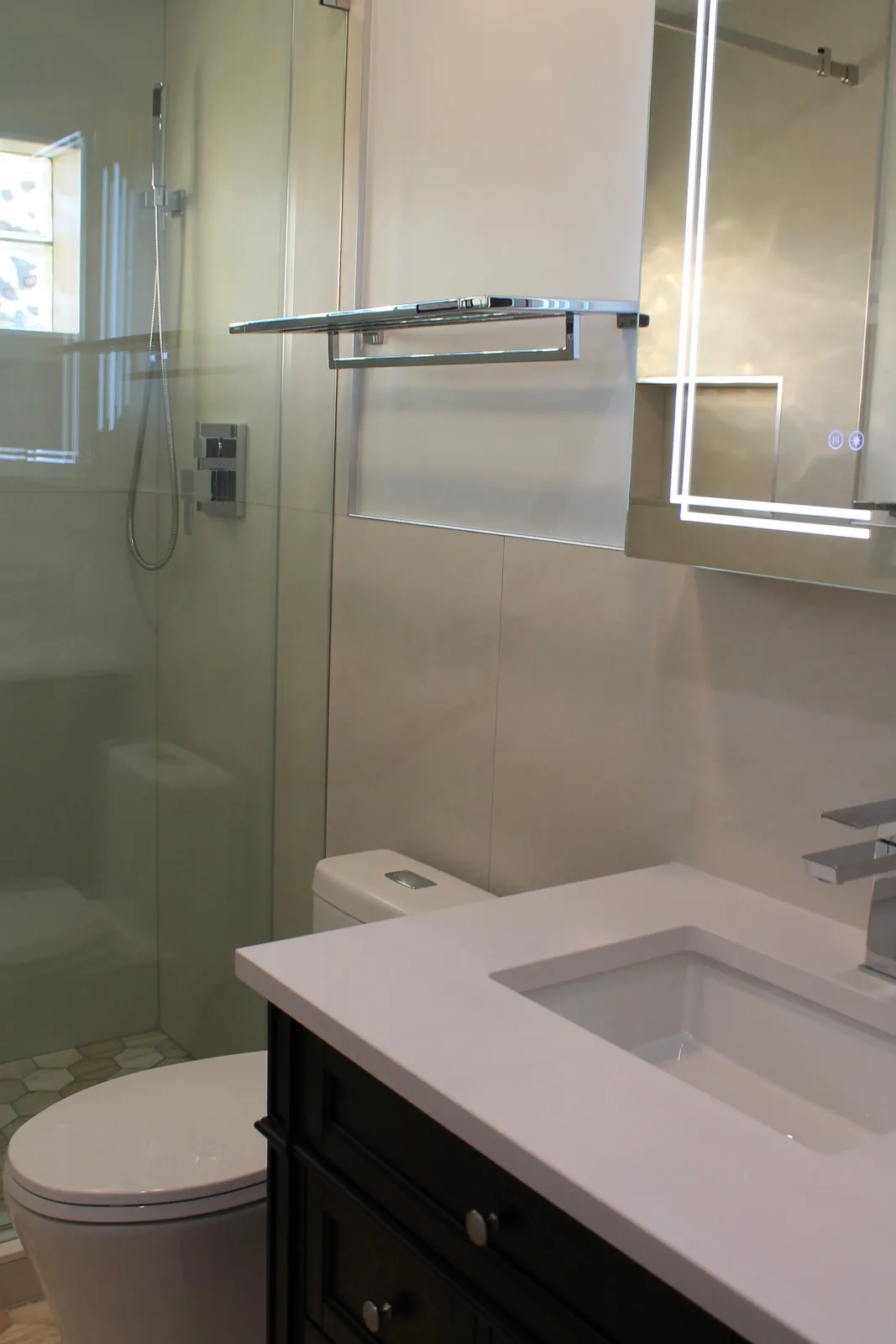 Guest bathroom with glass shower enclosure and espresso shaker vanity